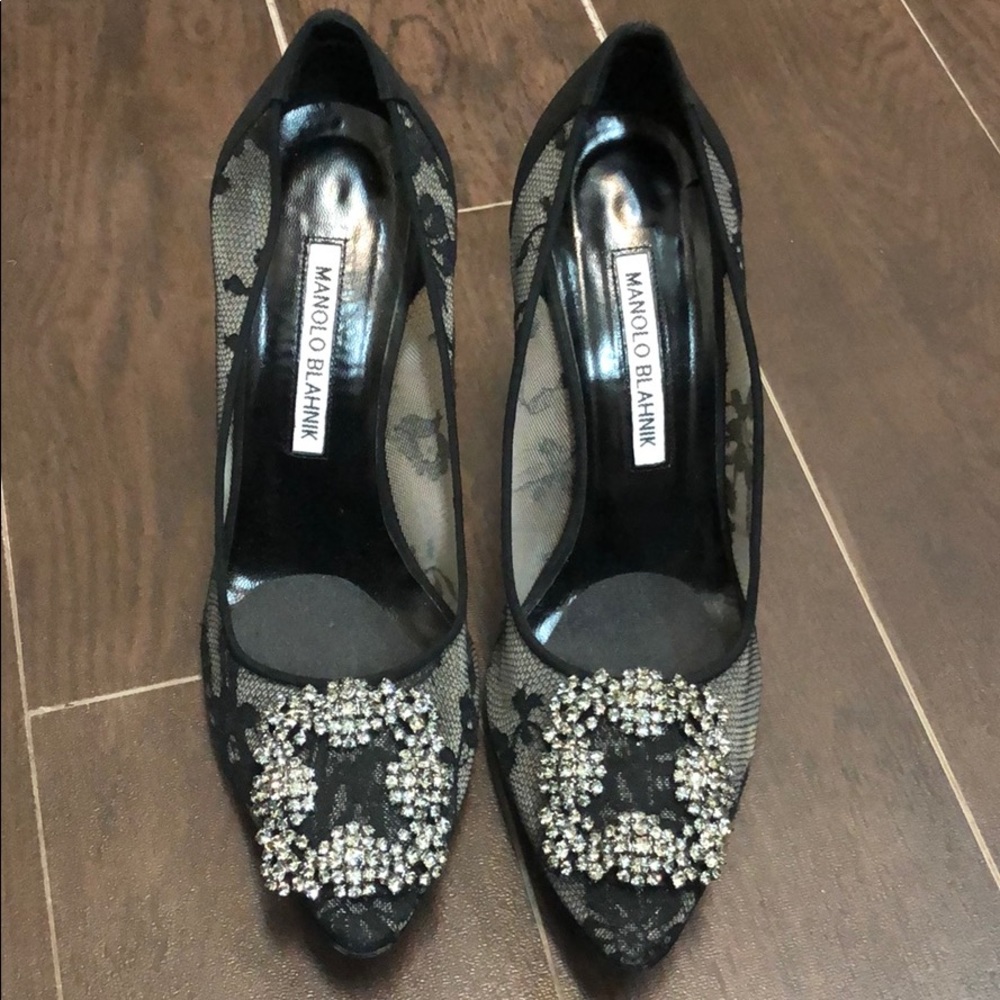 Manolo Blahnik mesh floral heel with stone buckle